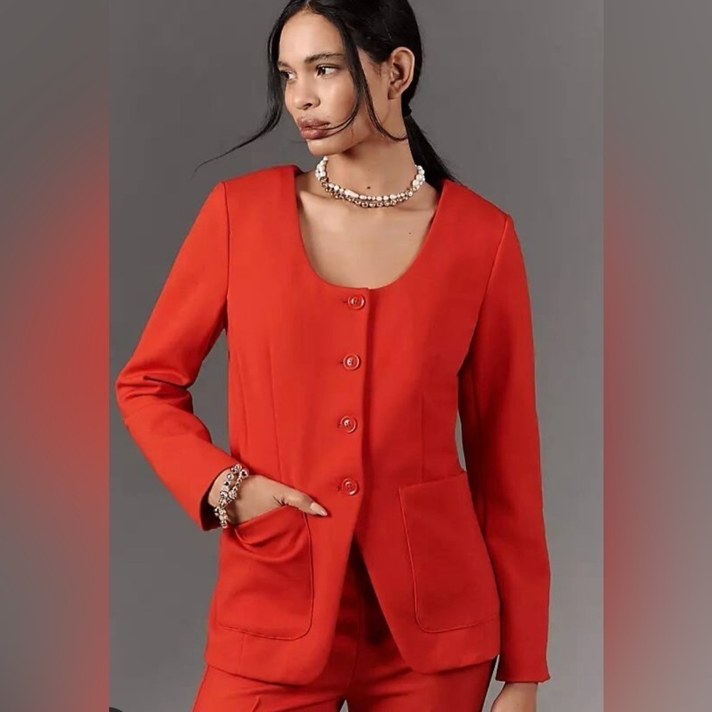 Anthropologie Maeve Red Blazer Cutaway Scoop Neck Jacket